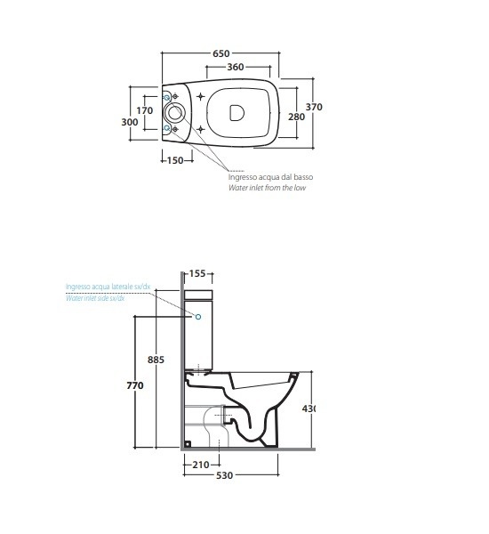 Бачки  для унитазов Бачок для унитаза моноблок, подвод воды сбоку, без механизма смыва 