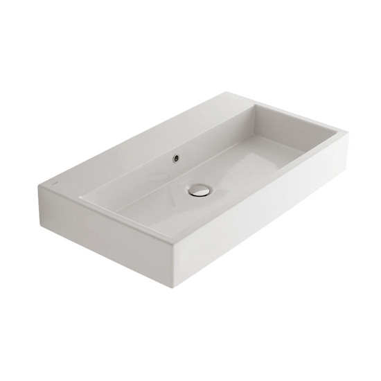 Раковина подвесная или накладная 90х50х14 см, с переливом, с 1 отверстием под смеситель, с креплением