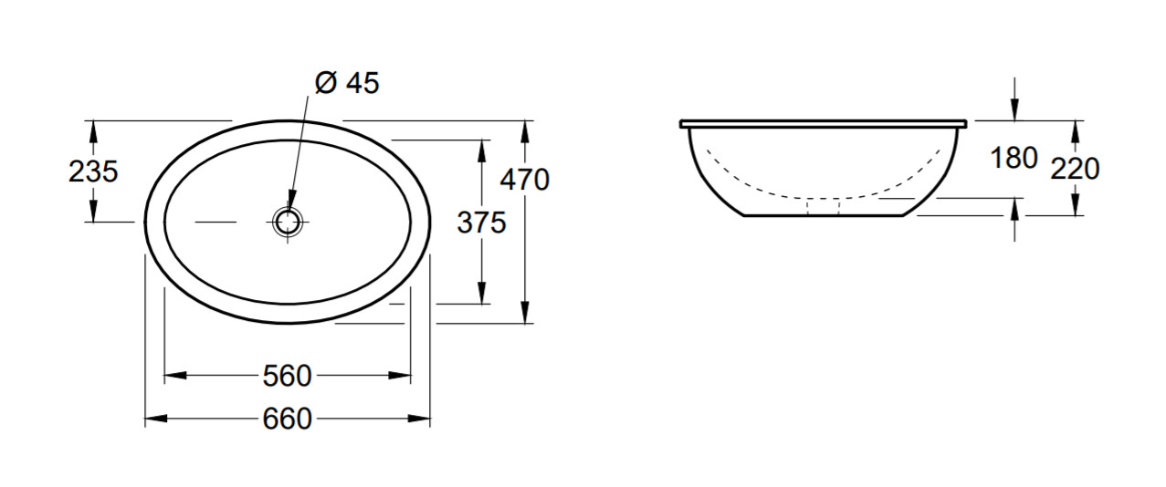Раковины Раковина встраиваемая под столешницу 66х47х22 см, с переливом, с грязеотталкивающим покрытием CeramicPlus 